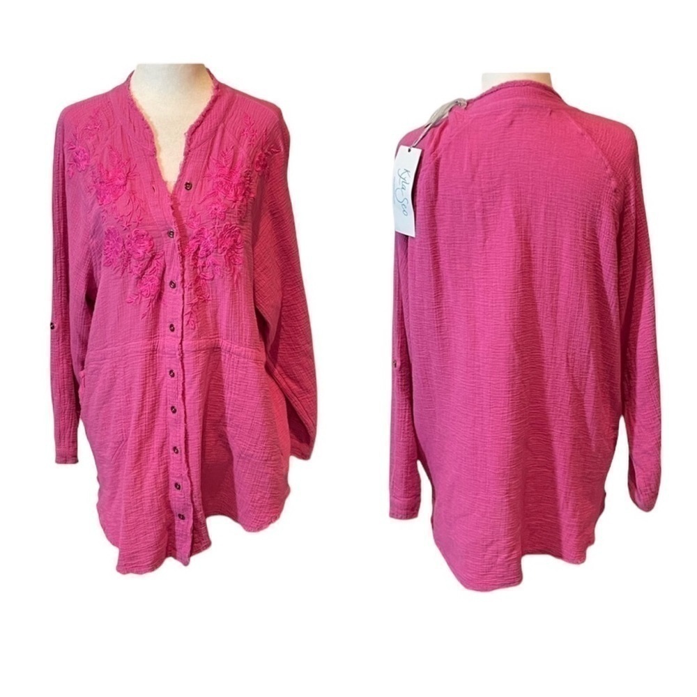 KYLA SEO Rose Embroidered pink Button Tunic Small cotton cottage core NWT
